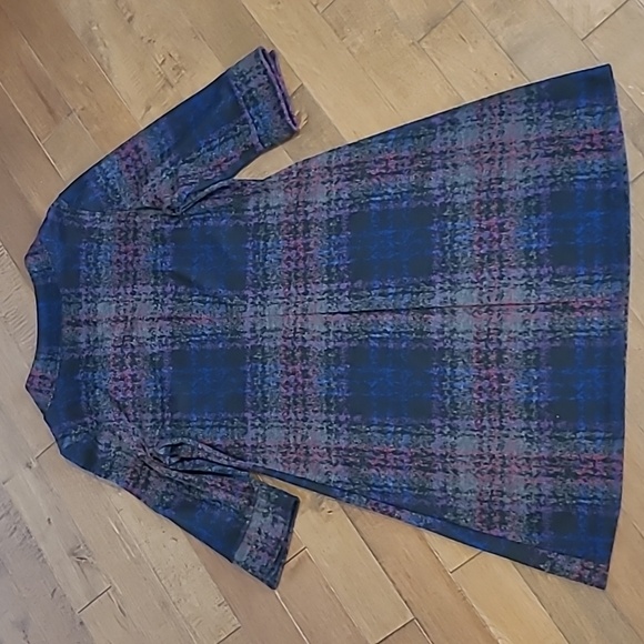 Luc Fontaine 🇨🇦 Gray Black Purple Plaid Gentle Midi Flair Sweater Dress sz 12 - Picture 2 of 7
